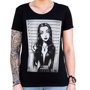 Lowbrow Art Morticia Black Tattoo Tee Mrs Addams Mugshot Top Goth S-M-L-XL-2XL